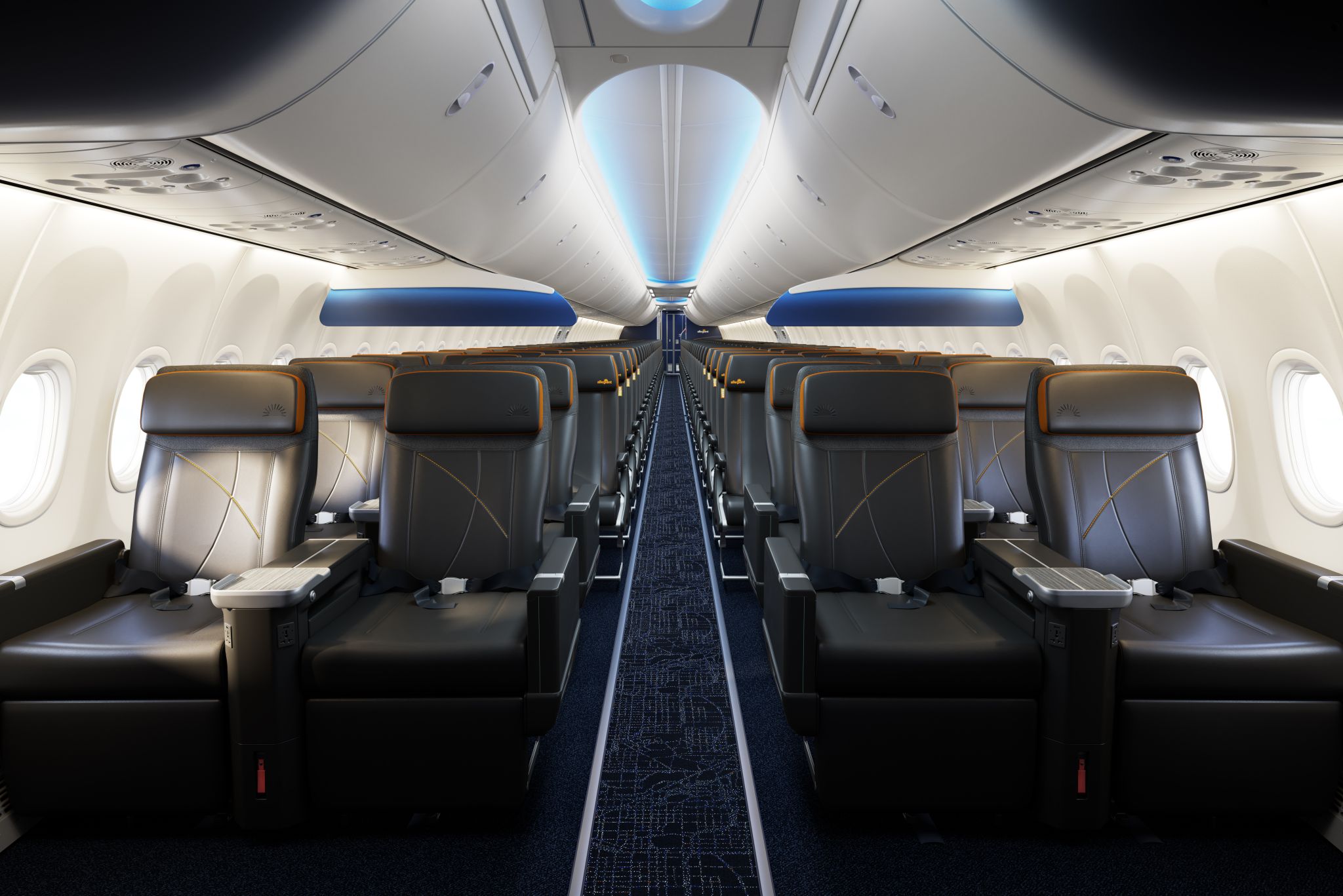 Allegiant aircraft cabin with a dark blue patterned aisle carpet